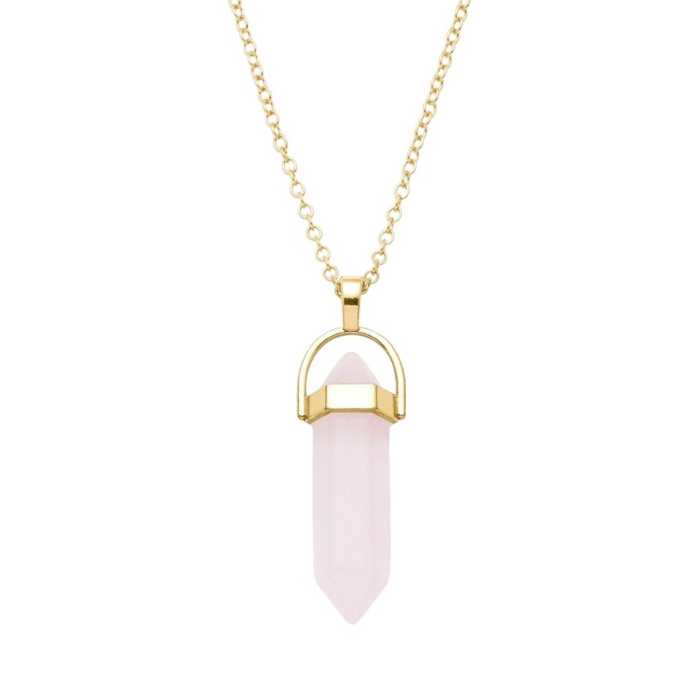 ROSE QUARTZ GOLD PLATED CRYSTAL DROP CHARM NECKLACE - BRAND NEW